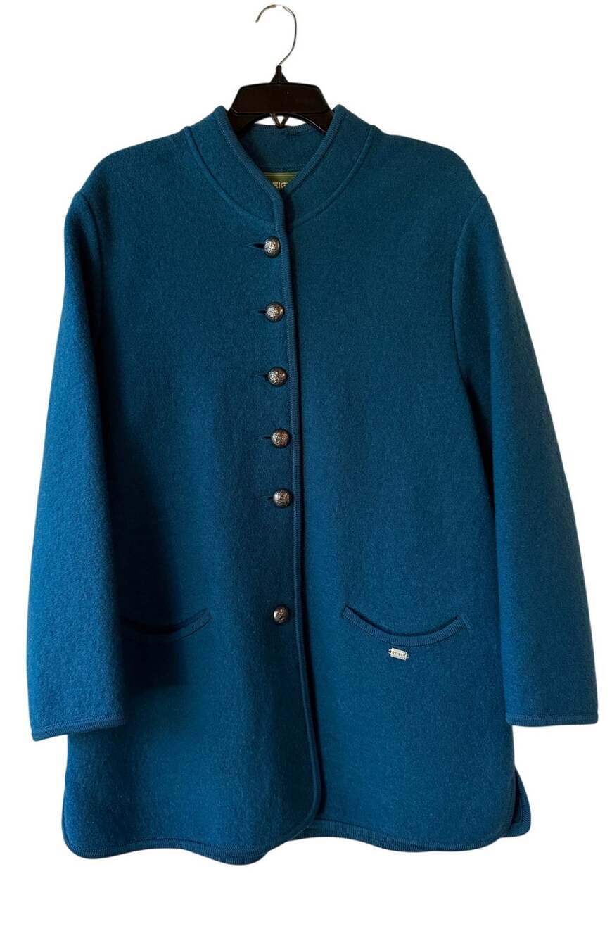 Vintage GEIGER OF AUSTRIA Boiled Wool Jacket Teal Blue Tyrolean Alpine Coat  38